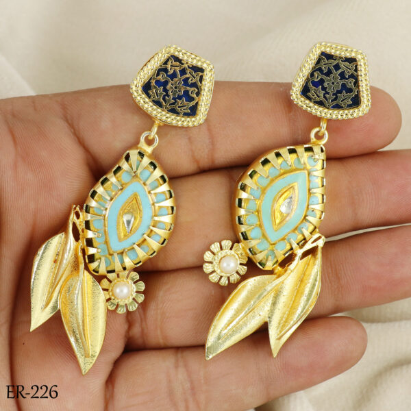 Sky Blue Polki Pearl Drop Earrings - Image 4